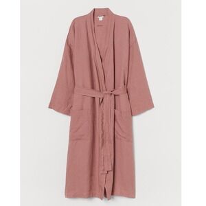 H&M HOME Stone Washed Pure 100% Linen Long Robe Kimono Duster Pink S M Oversized